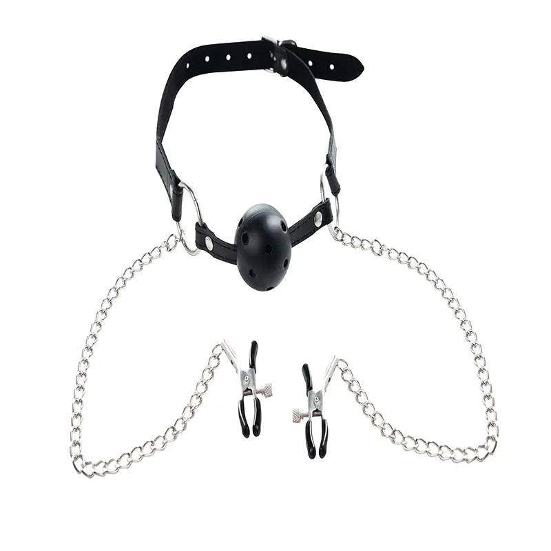 Kugla za usta i štipaljke za bradavice - Breathable Ball Gag with Nipple Clamps