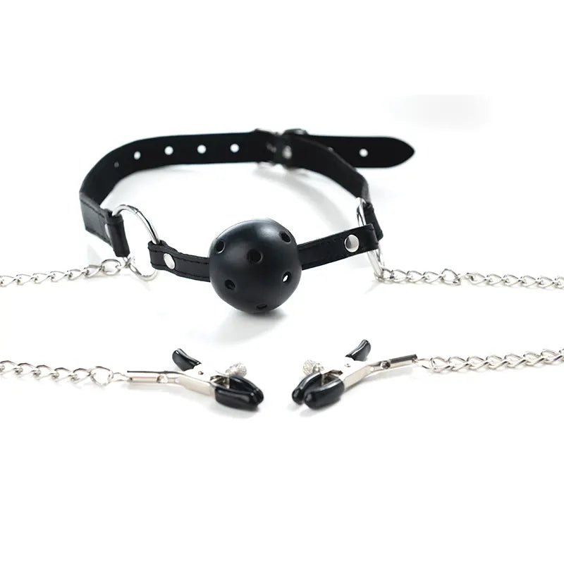 Kugla za usta i štipaljke za bradavice - Breathable Ball Gag with Nipple Clamps